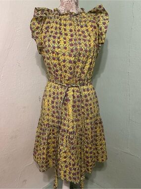 Banjanan Yellow Floral Ruffle Sleeve Tie-Waist Mini Dress small tiered lined